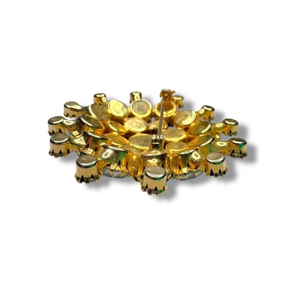 Vintage Gold Tone Brooch Green Clear Aurora Borealis Crystal Stones 2" - Picture 7 of 9